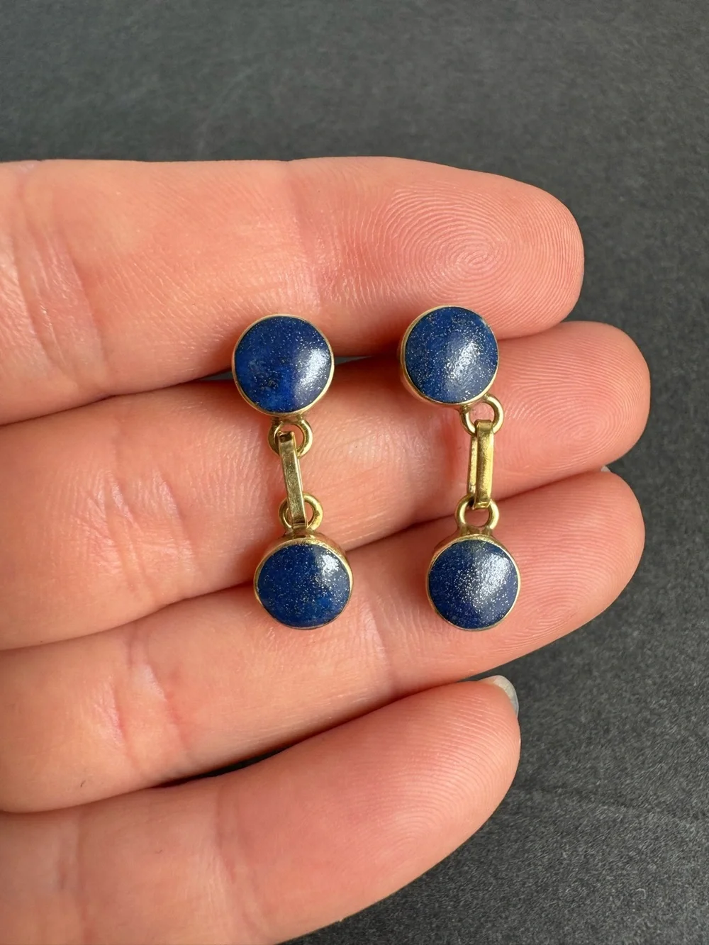 Vintage 14K Gold Earrings Lapis Lazuli Pierced Drop Stud Minimalist‎ Dainty